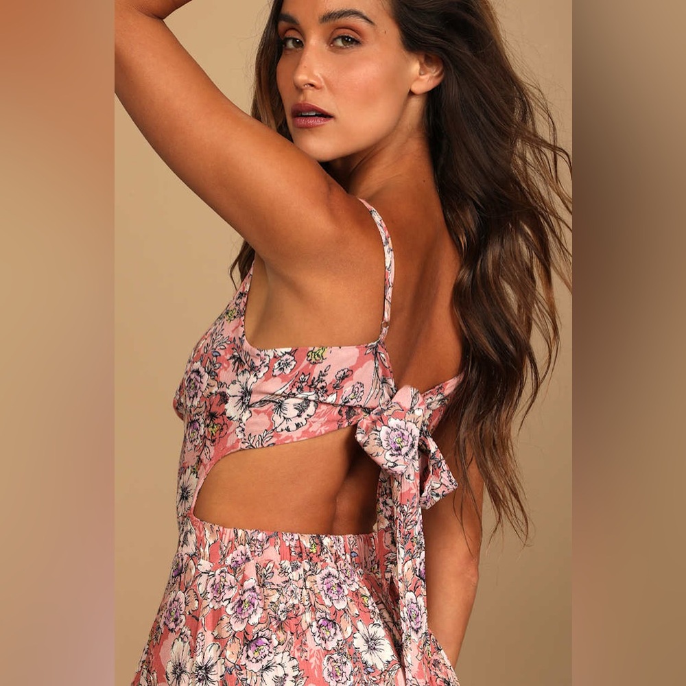 Lulus Ties With You Rose Pink Floral Print Tie-Back Midi Dress New - Picture 4 of 5